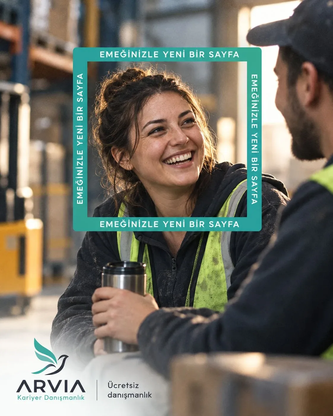 Depoda mola veren, reflektörlü yelekli gülümseyen bir çalışan. Afiş: Emeğinizle yeni bir sayfa. Ücretsiz danışmanlık.